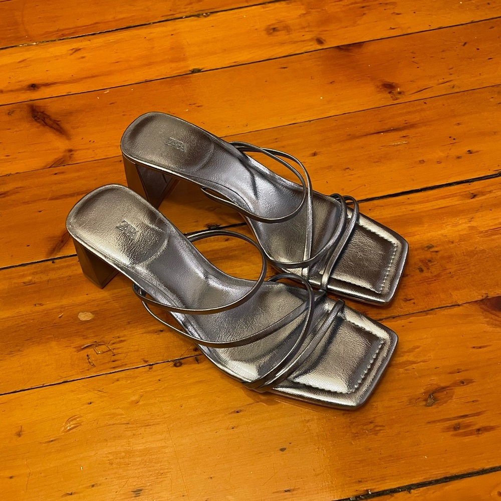 Zara Metallic Blue Strappy Block Heel